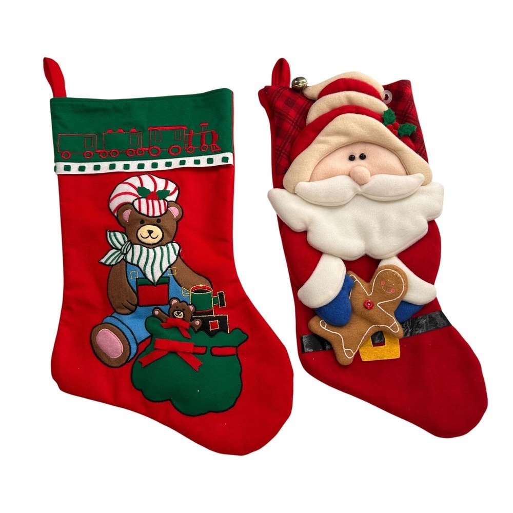 Vintage‎ Santa & Bear Christmas Stockings Set Of 2 Red Santas Best 90s 3D 18"
